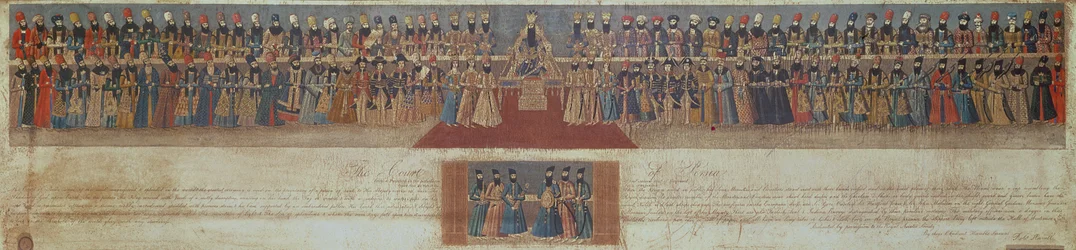 Der Hof von Fath Ali, Schah von Persien, ca. 1799, mit ausländischen Botschaftern einschließlich Sir Harford Jones und Sir John Malcolm (1769-1833)
